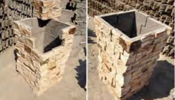 Exterior installation of L corner pillar featuring stacked stone design