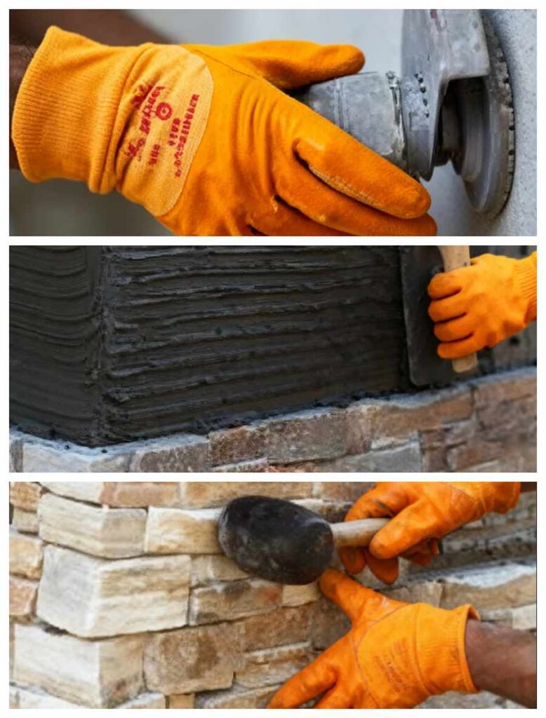 Illustration depicting the installation steps of stone cladding panels.