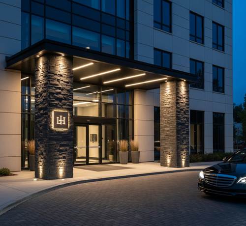 Elegant stacked stone columns in a commercial hospitality setting.