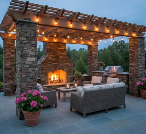 Elegant stacked stone columns enhancing outdoor living spaces