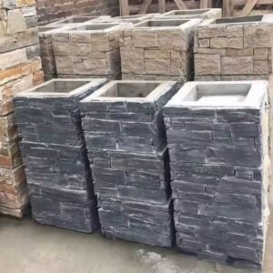 An elegant stacked stone column showcasing natural textures and colors.