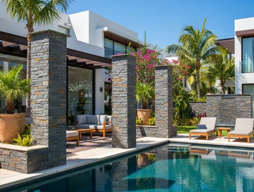 Beautifully crafted stacked stone columns enhancing outdoor aesthetics