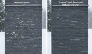 Stacked stone facade with freeze-thaw resistant surface, protecting buildings in cold climates