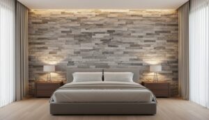 Modern interior design with stacked stone accent walls in living room
