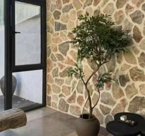 Stacked thin natural stone veneer panels in neutral tones for wall cladding