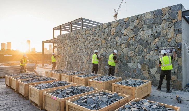 Step-by-step installation of natural thin stone veneer on a wall