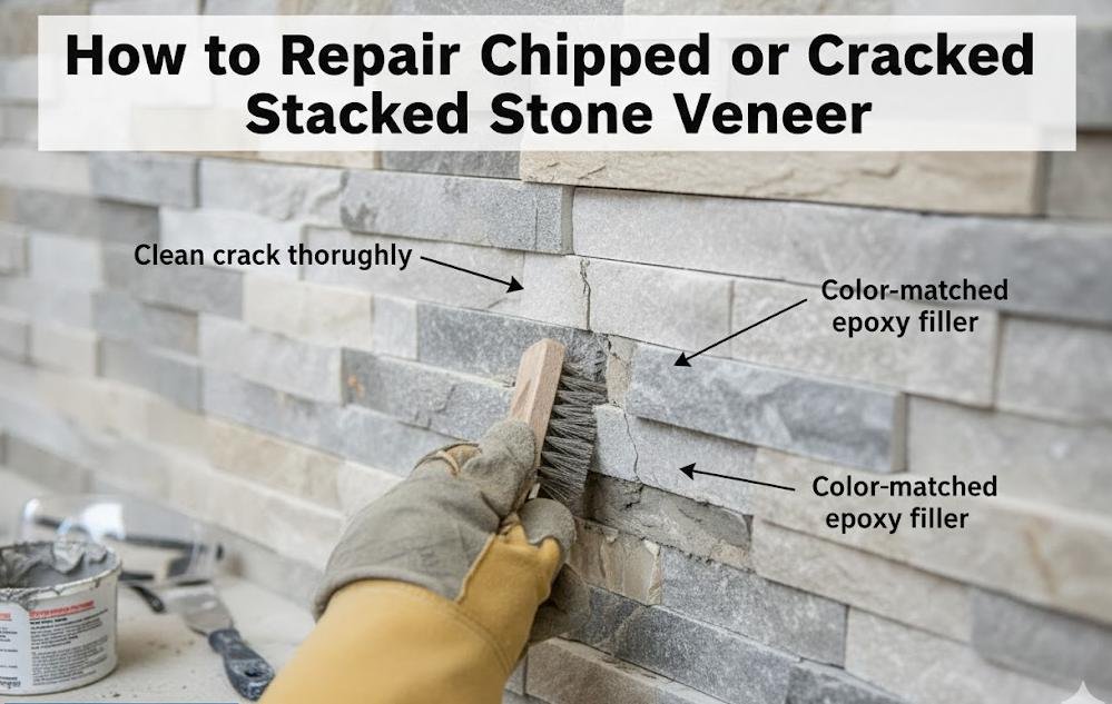 Cracked natural stacked stone veneer panel discovered after unpacking a shipping carton