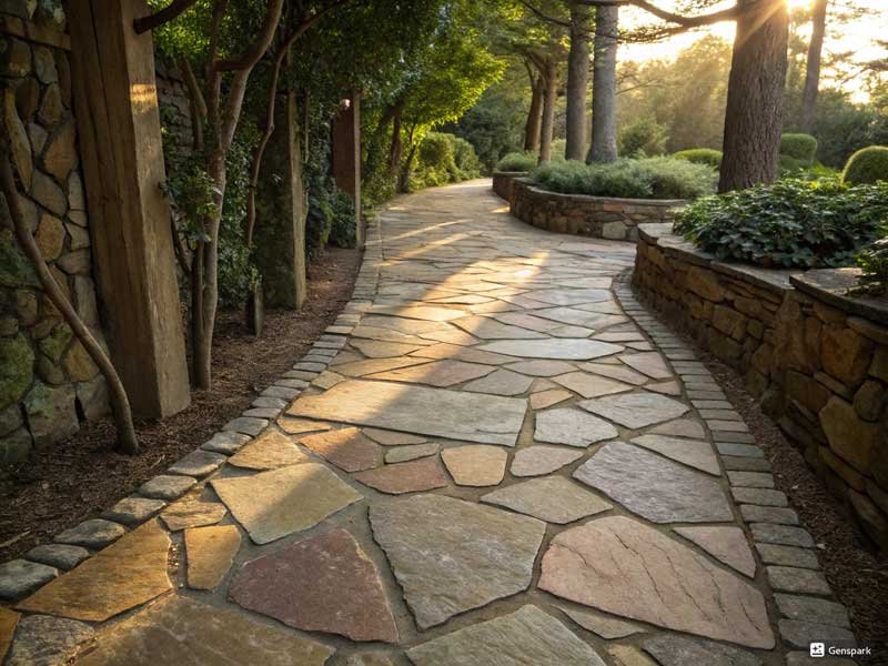 Irregular natural flagstone crazy paving surface with wide random joints laid on a patio