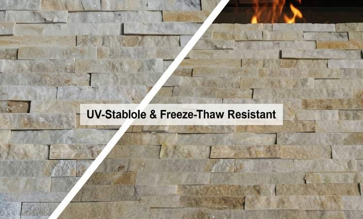 Stacked stone fireplace and fire feature built from natural quartzite panels
