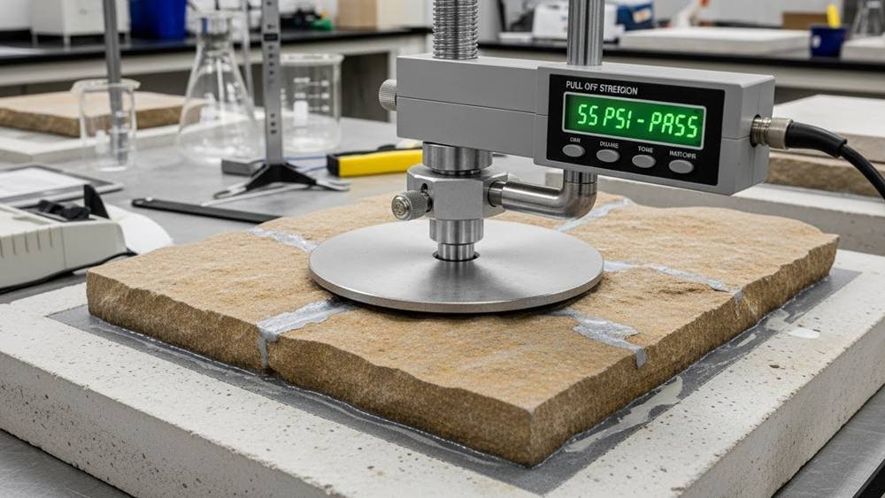 Pull-off bond strength test performed on a natural stone panel to measure adhesive bond at the wall interface