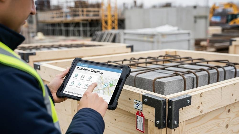 Site manager scanning the label on a reinforced plywood stone crate to record batch traceability